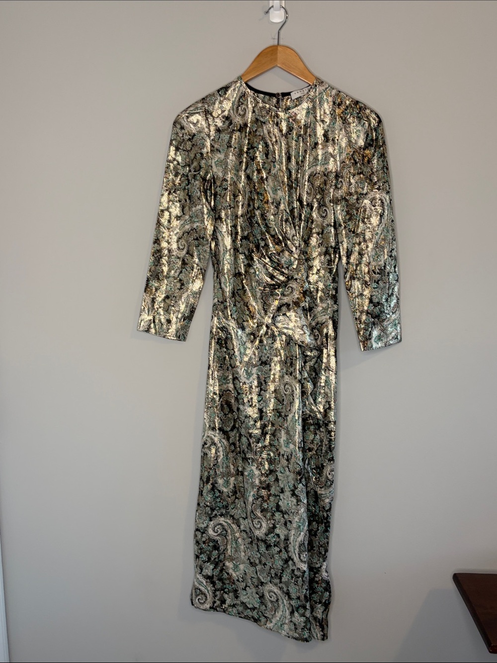 Sandro Paris Long-Sleeve Metallic Paisley Twist-Front Midi Dress - Silver Green - Picture 2 of 14